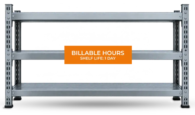 Empty shelves labelled Billable Hours, Shelf Life: 1 Day